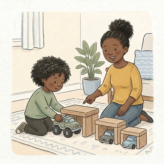 A Garage for Every Car: illustration of a toddler doing the activity