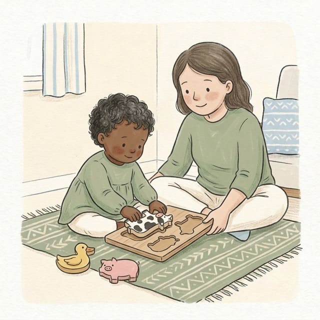 Animal Puzzle Homes: illustration of a toddler doing the activity