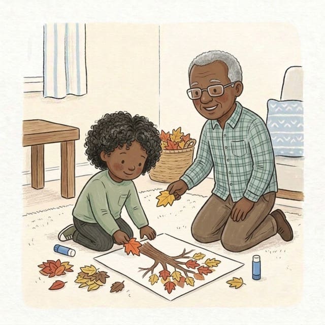 Autumn Leaf Collage: illustration of a toddler doing the activity