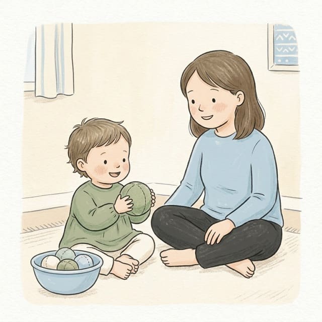 Ball Hand To Hand: illustration of a toddler doing the activity