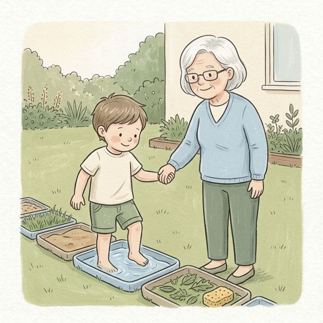 Barefoot Feely Path: illustration of a toddler doing the activity