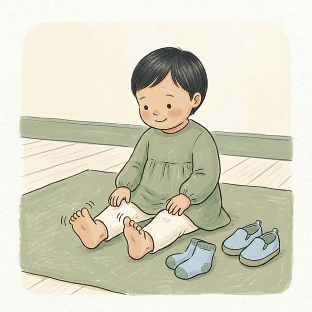 Barefoot When We Get In: illustration of a toddler doing the activity