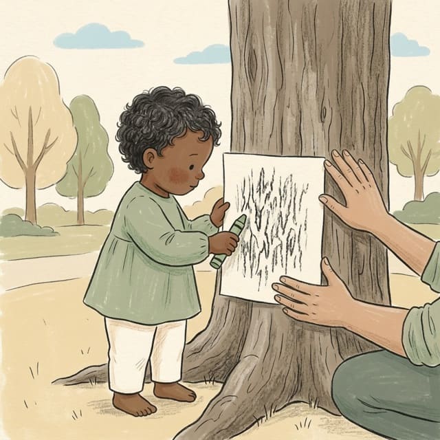Bark Rubbing: illustration of a toddler doing the activity