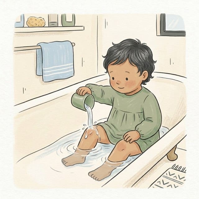 Cup Rinse at Bath Time: illustration of a toddler doing the activity