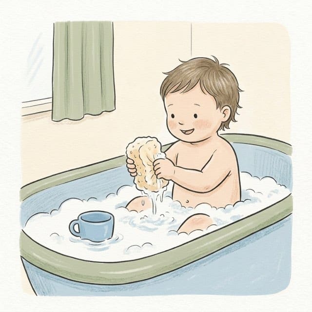 Bath Time Names: illustration of a toddler doing the activity