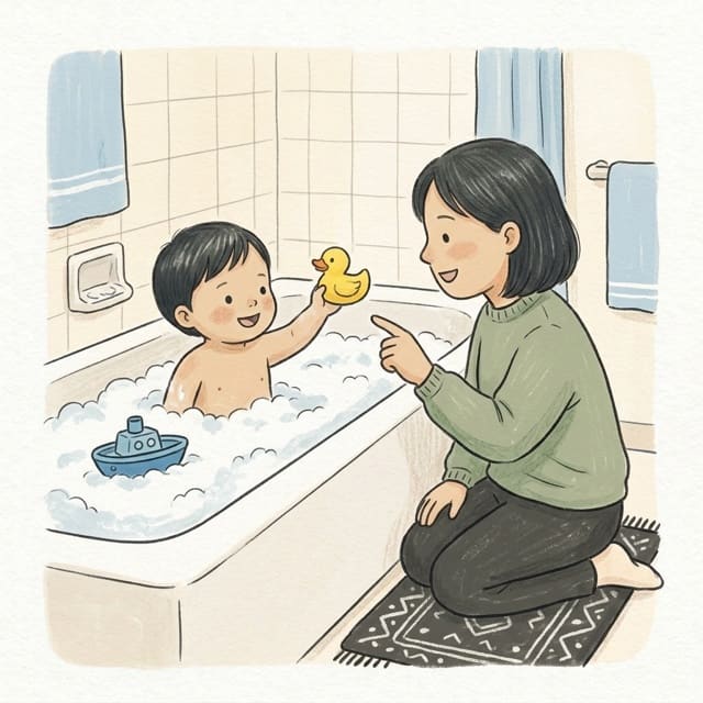Bath Toy Colours: illustration of a toddler doing the activity
