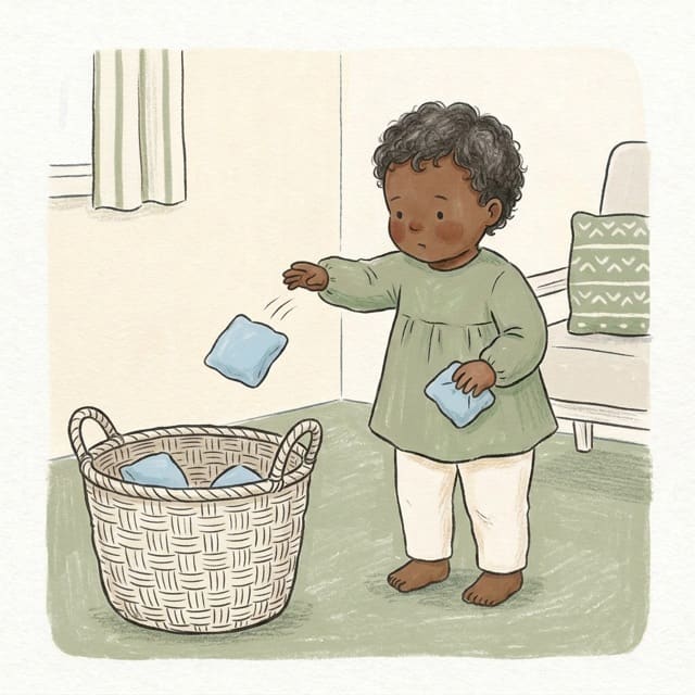 Bean Bag Toss Basket: illustration of a toddler doing the activity