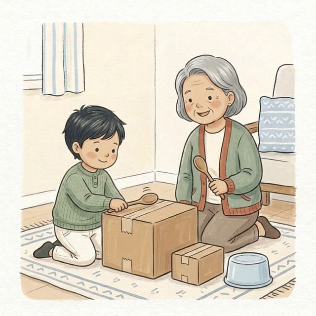 Big Box, Little Box Drums: illustration of a toddler doing the activity