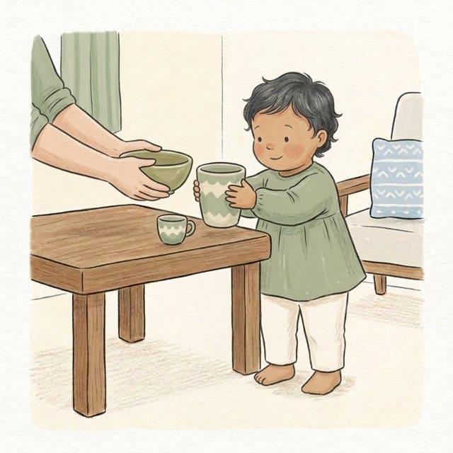 Big One, Little One: illustration of a toddler doing the activity