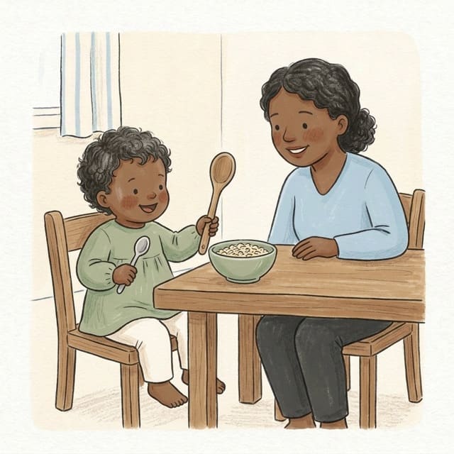 Big Spoon, Small Spoon: illustration of a toddler doing the activity