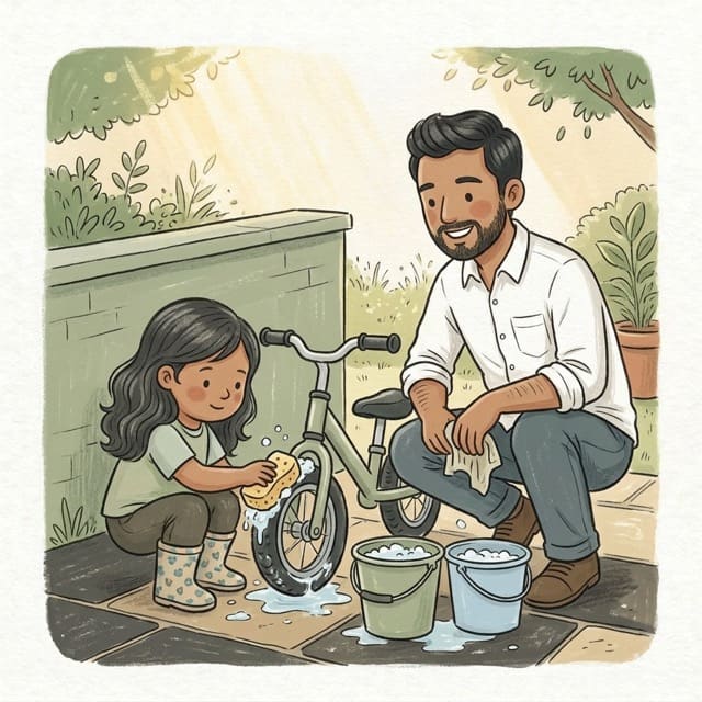 Bike and Scooter Wash: illustration of a toddler doing the activity