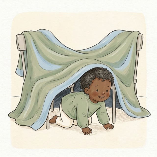 Blanket Tunnel Crawl: illustration of a toddler doing the activity