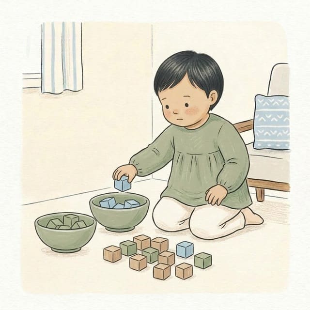 Block Colour Sort: illustration of a toddler doing the activity