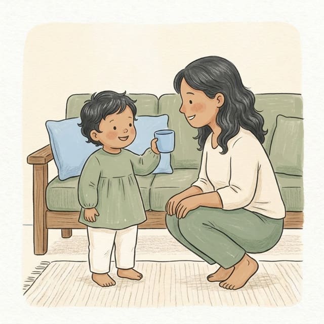 Blue Cup Walk: illustration of a toddler doing the activity