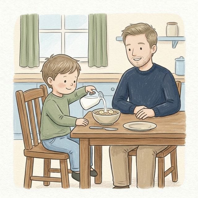 Breakfast Bowl Builder: illustration of a toddler doing the activity