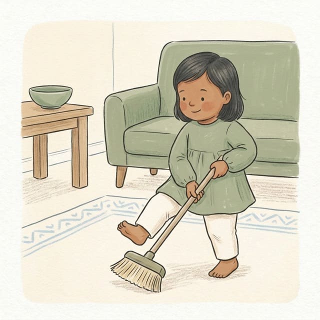 Broom Sweep March: illustration of a toddler doing the activity