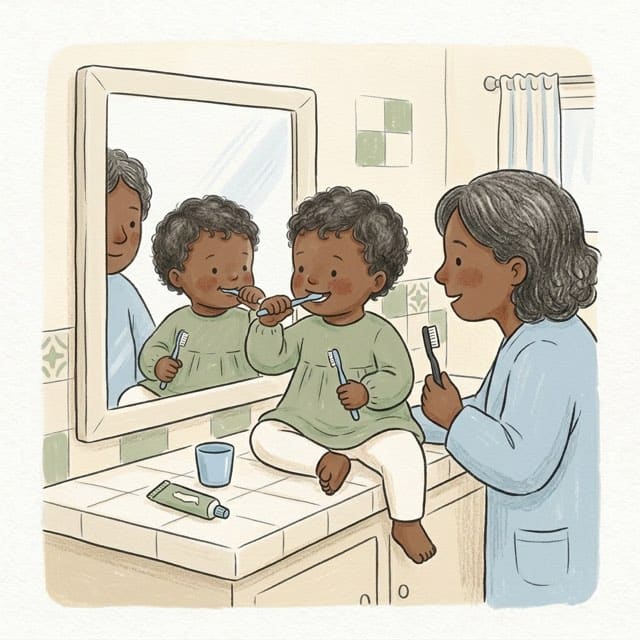 Brushing in the Mirror: illustration of a toddler doing the activity