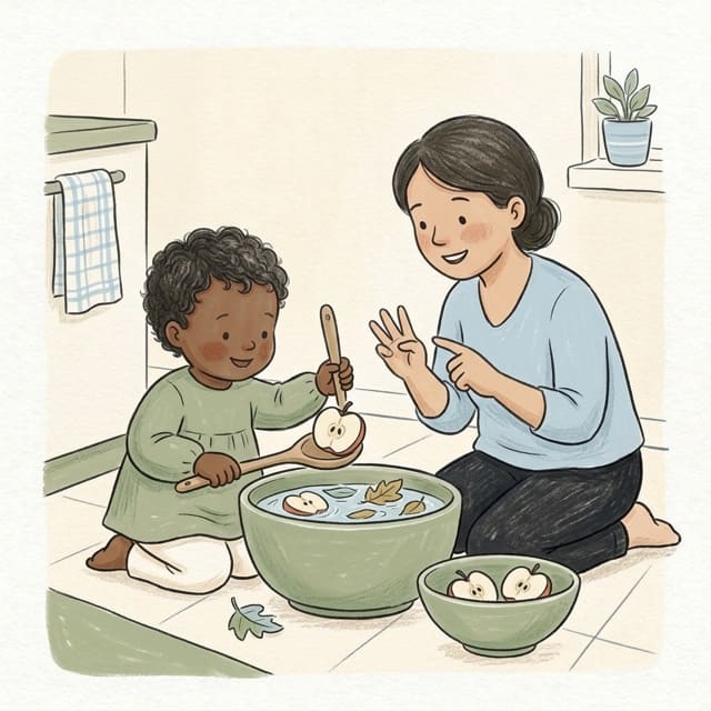 Cauldron Scoop and Count: illustration of a toddler doing the activity