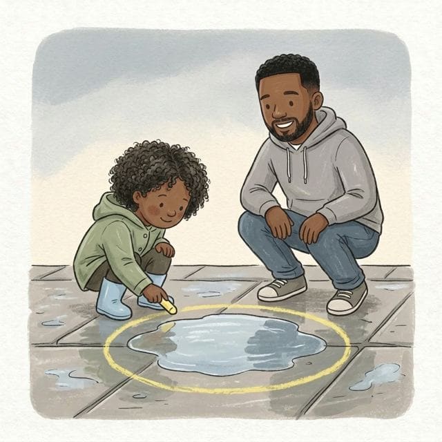 Chalk Round the Puddle: illustration of a toddler doing the activity