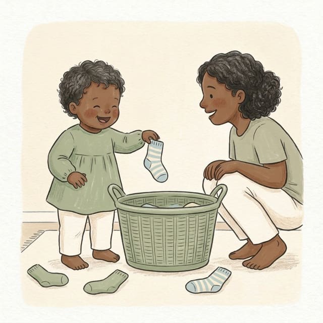 Count The Socks In: illustration of a toddler doing the activity