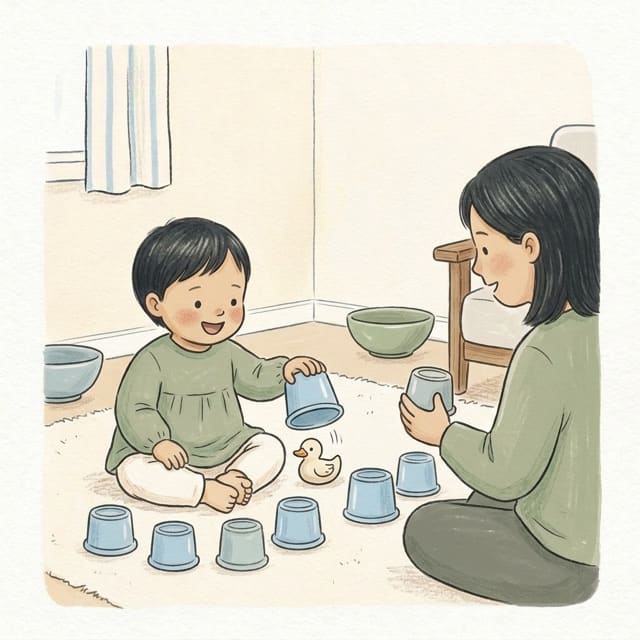 Cup Hide And Seek: illustration of a toddler doing the activity