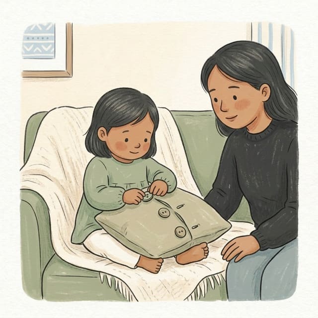 Cushion Cover Buttons: illustration of a toddler doing the activity