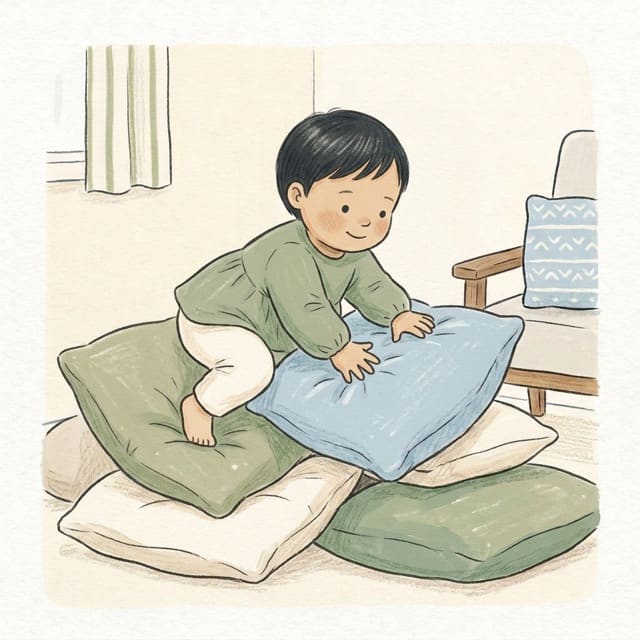 Cushion Mountain Climb: illustration of a toddler doing the activity