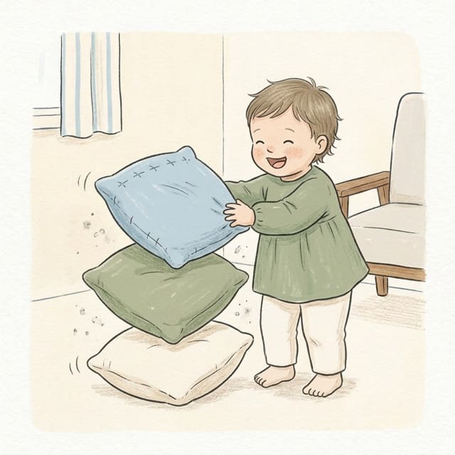 Cushion Tower Build: illustration of a toddler doing the activity