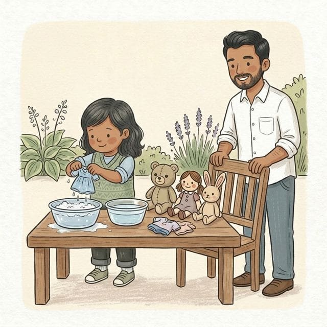 Dolls' Clothes Wash: illustration of a toddler doing the activity