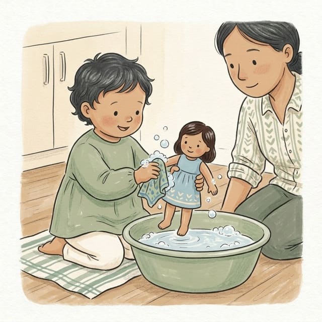 Washing Dolly's Hands: illustration of a toddler doing the activity
