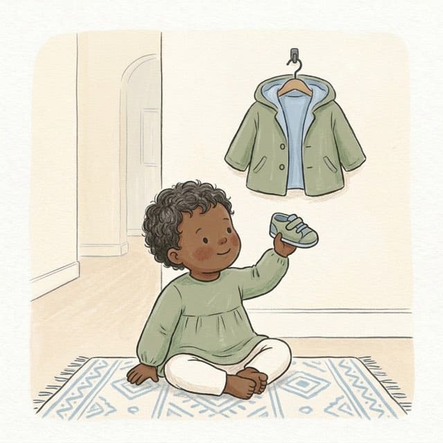 Sock, Shoe, Coat: illustration of a toddler doing the activity