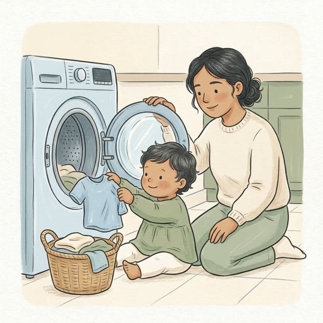 Empty the Washing Machine: illustration of a toddler doing the activity