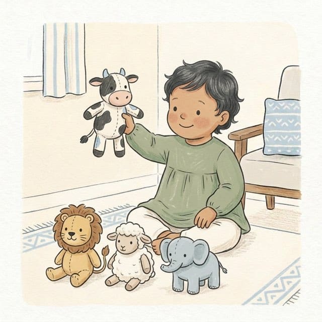 Farm Song With Toys: illustration of a toddler doing the activity