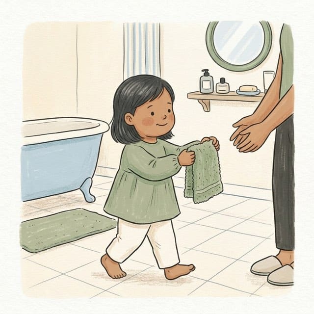 Fetch the Towel: illustration of a toddler doing the activity