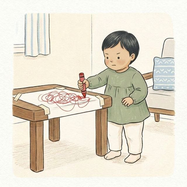 First Scribble Page: illustration of a toddler doing the activity