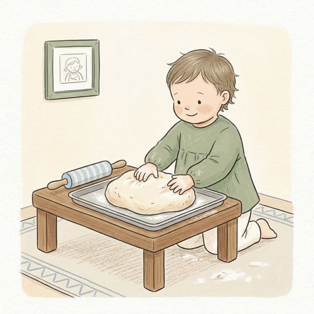 Flour Dough Knead: illustration of a toddler doing the activity