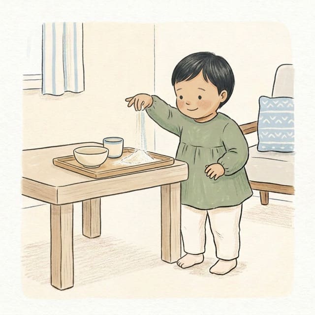 Flour Sift Shake: illustration of a toddler doing the activity