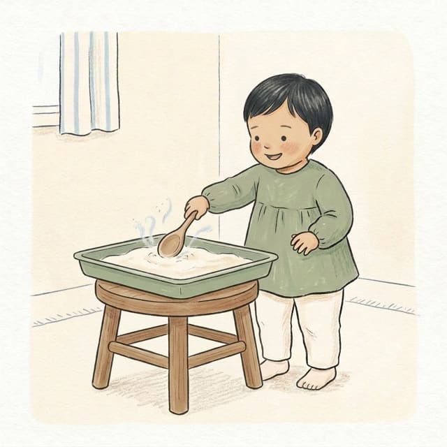 Flour Spoon Tap: illustration of a toddler doing the activity