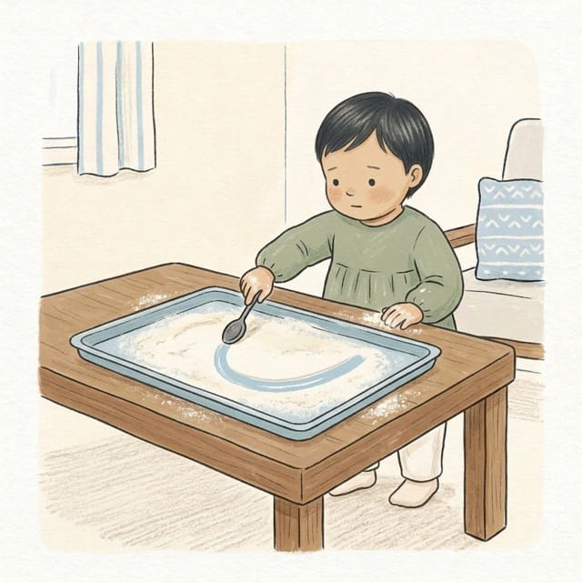 Flour Spoon Trace: illustration of a toddler doing the activity