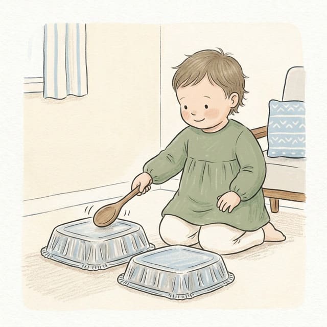 Foil Tray Drum Band: illustration of a toddler doing the activity