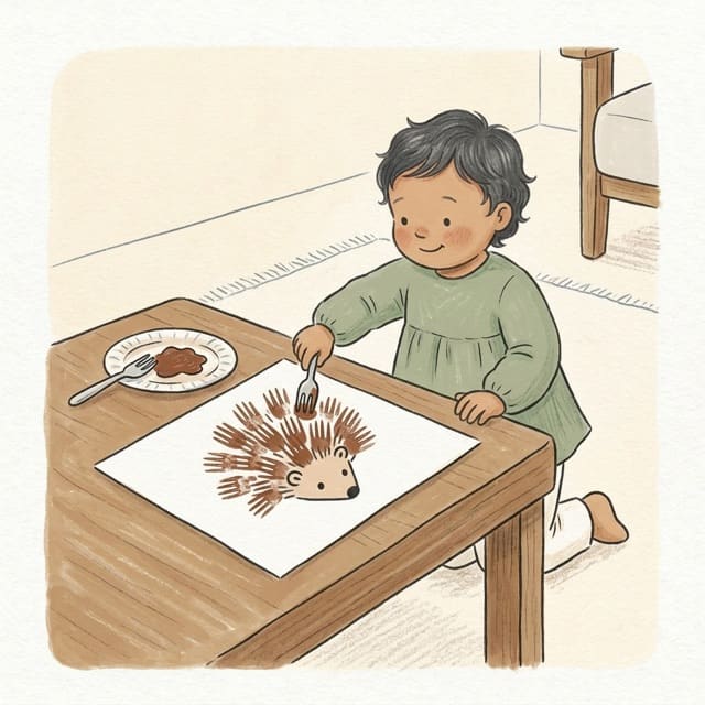 Fork Print Hedgehogs: illustration of a toddler doing the activity