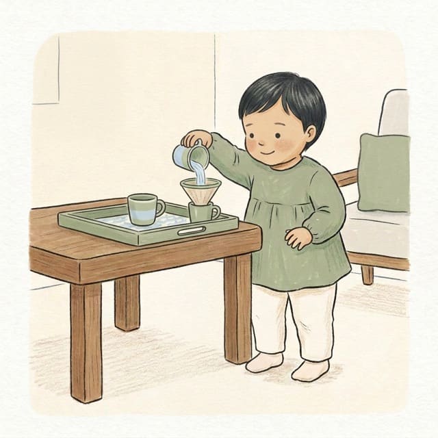 Funnel Pour Practice: illustration of a toddler doing the activity