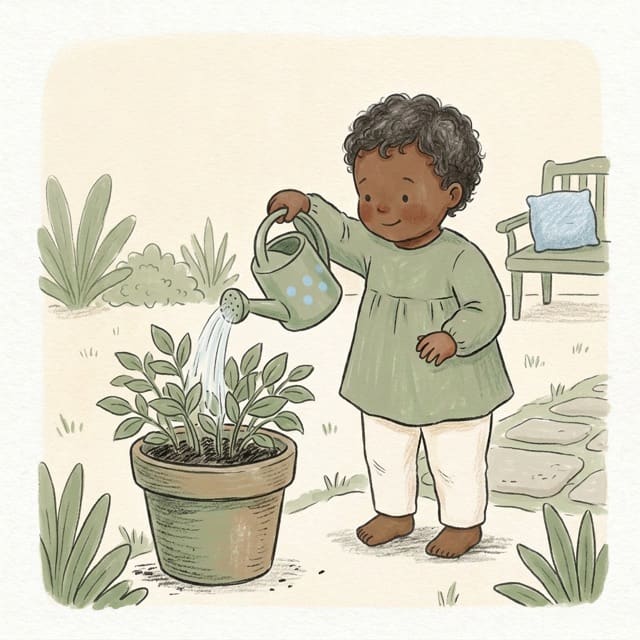 Garden Watering Round: illustration of a toddler doing the activity
