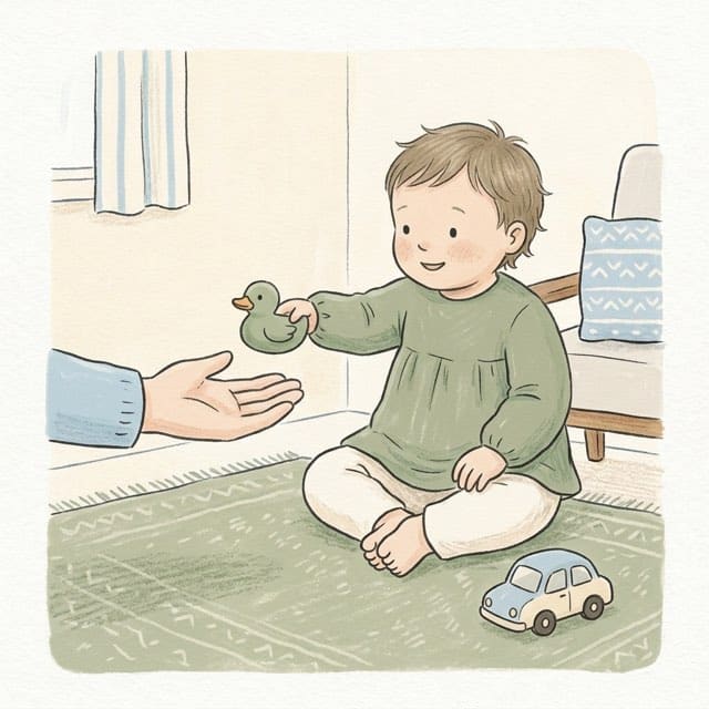 Hand Me the Duck: illustration of a toddler doing the activity