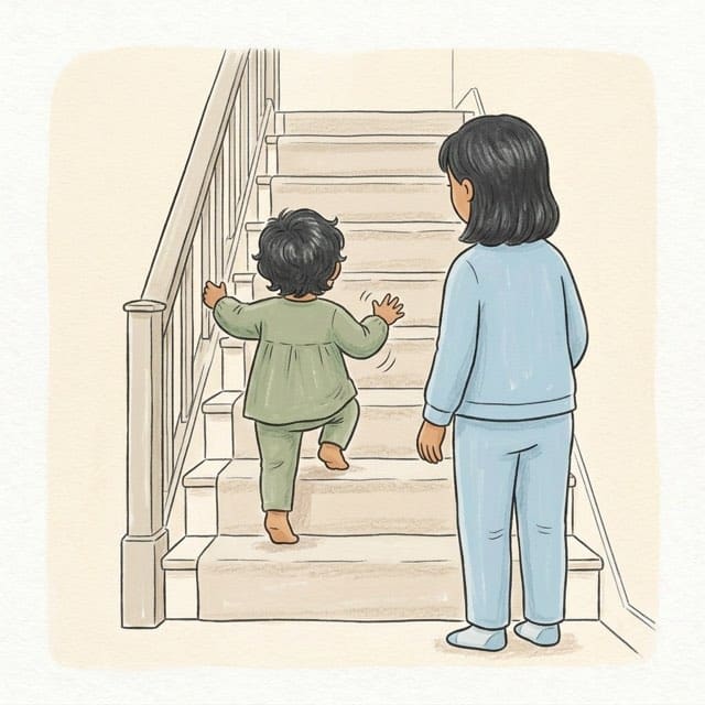 Hand, Then Rail: illustration of a toddler doing the activity