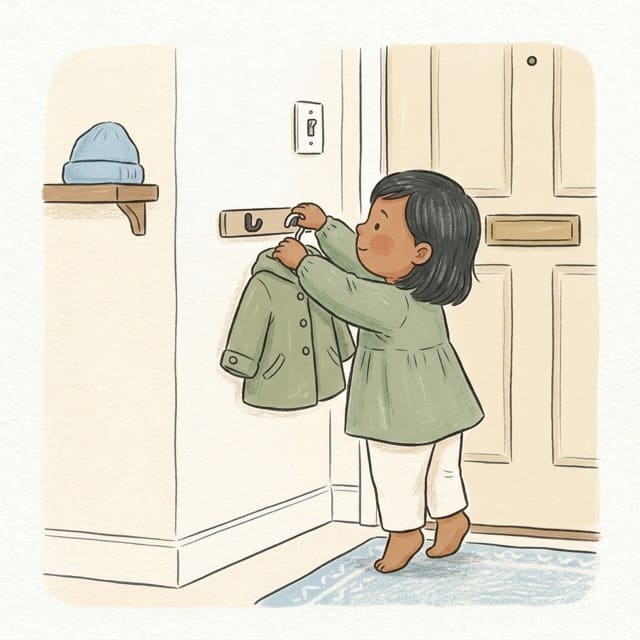 Hang Coat on Hook: illustration of a toddler doing the activity