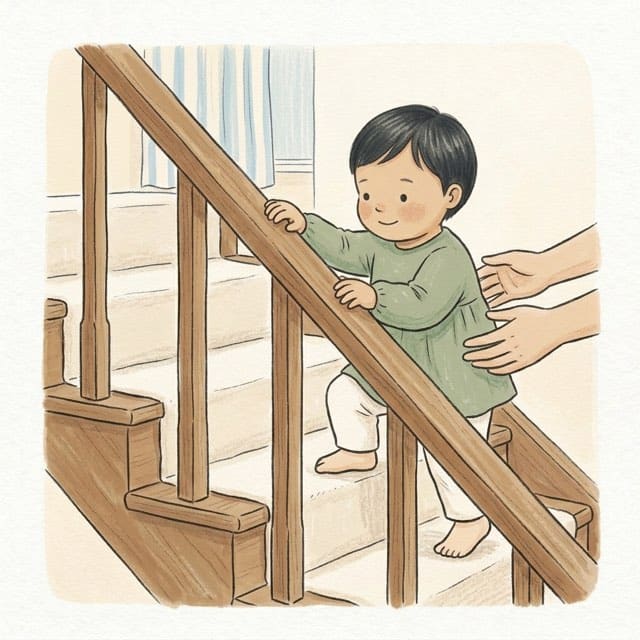 Hold the Banister: illustration of a toddler doing the activity