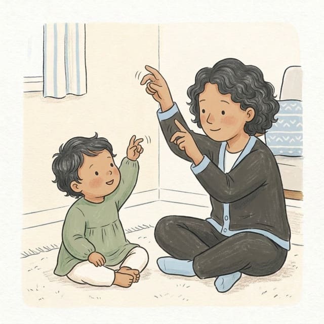 Incy Wincy Fingers: illustration of a toddler doing the activity