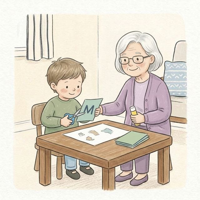 Junk Mail Name Collage: illustration of a toddler doing the activity