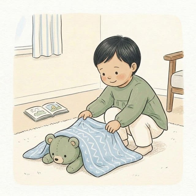 Kiss Teddy, Then Bed: illustration of a toddler doing the activity